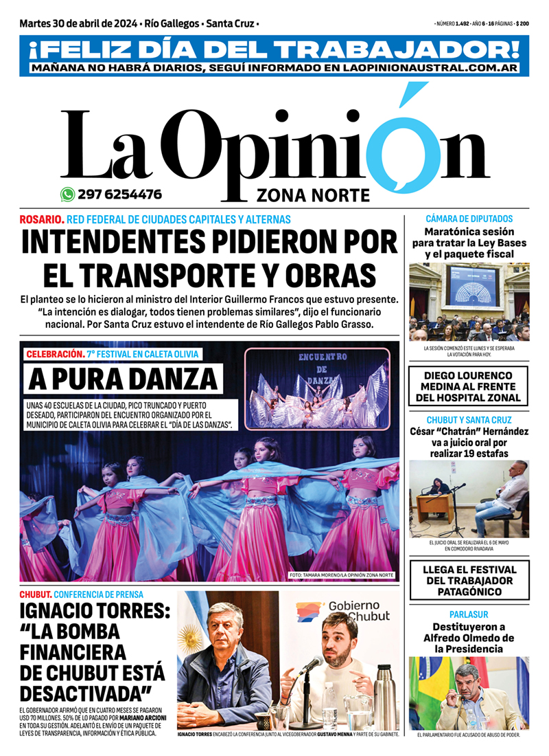 Diario La Opinión Zona Norte tapa edición impresa del martes 30 abril de 2024, Caleta Olivia, Santa Cruz, Argentina