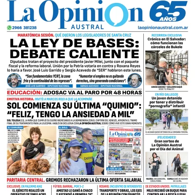 Diario La Opinión Austral tapa edición impresa del martes 30 de abril de 2024, Río Gallegos, Santa Cruz, Argentina