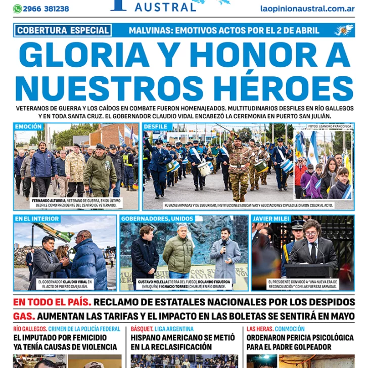 Diario La Opinión Austral tapa edición impresa del miércoles 3 de abril de 2024, Río Gallegos, Santa Cruz, Argentina