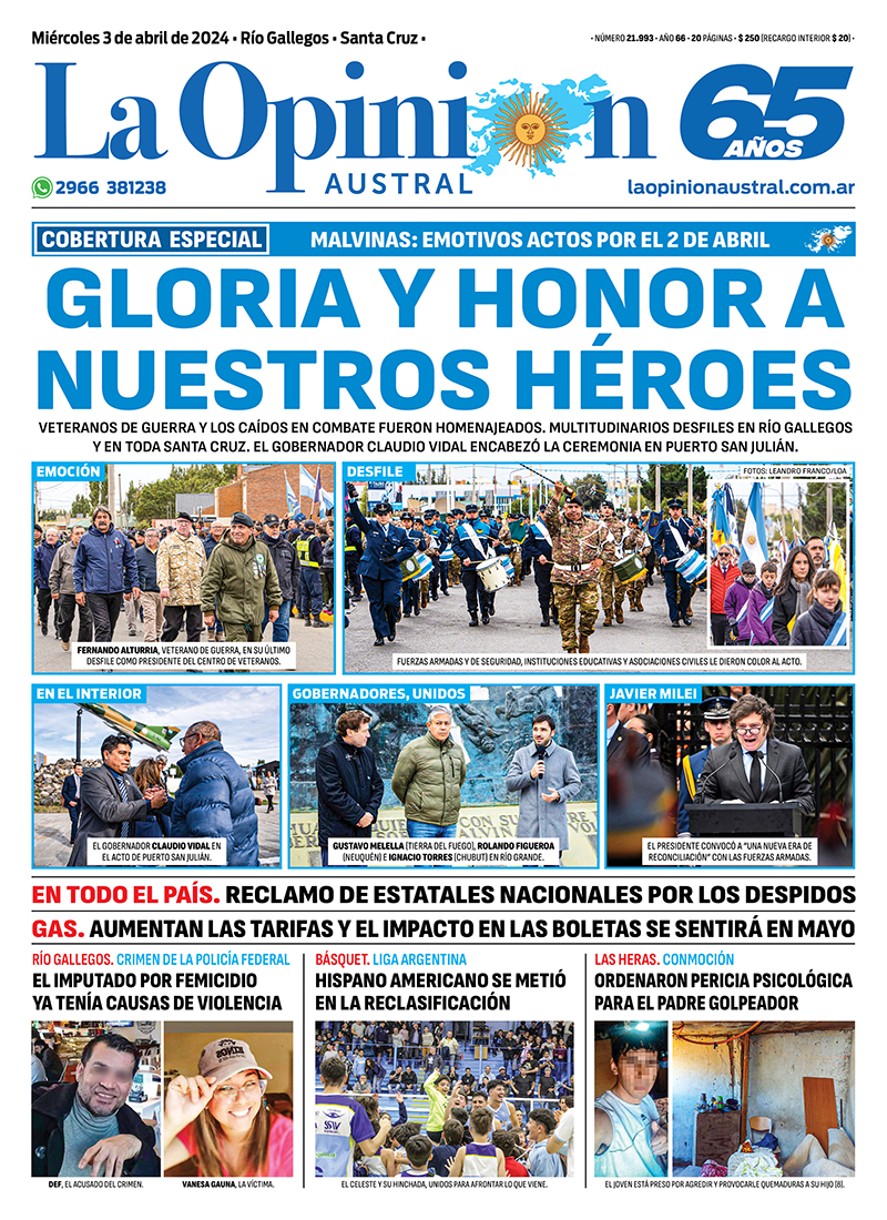 Diario La Opinión Austral tapa edición impresa del miércoles 3 de abril de 2024, Río Gallegos, Santa Cruz, Argentina