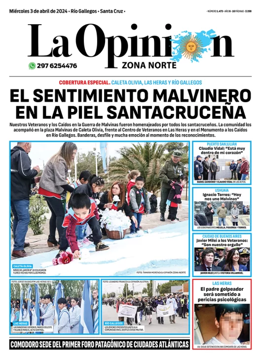 Diario La Opinión Zona Norte tapa edición impresa del miércoles 3 de abril de 2024, Caleta Olivia, Santa Cruz, Argentina