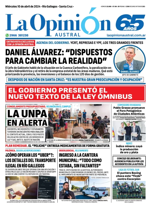 Diario La Opinión Austral tapa edición impresa del miércoles 10 de abril de 2024, Río Gallegos, Santa Cruz, Argentina