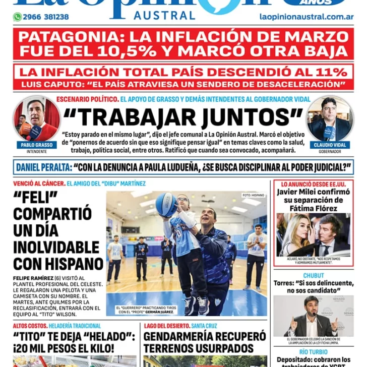 Diario La Opinión Austral tapa edición impresa del sábado 13de abril de 2024, Río Gallegos, Santa Cruz, Argentina