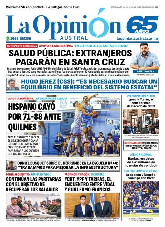 Diario La Opinión Austral tapa edición impresa del miércoles 17 de abril de 2024, Río Gallegos, Santa Cruz, Argentina