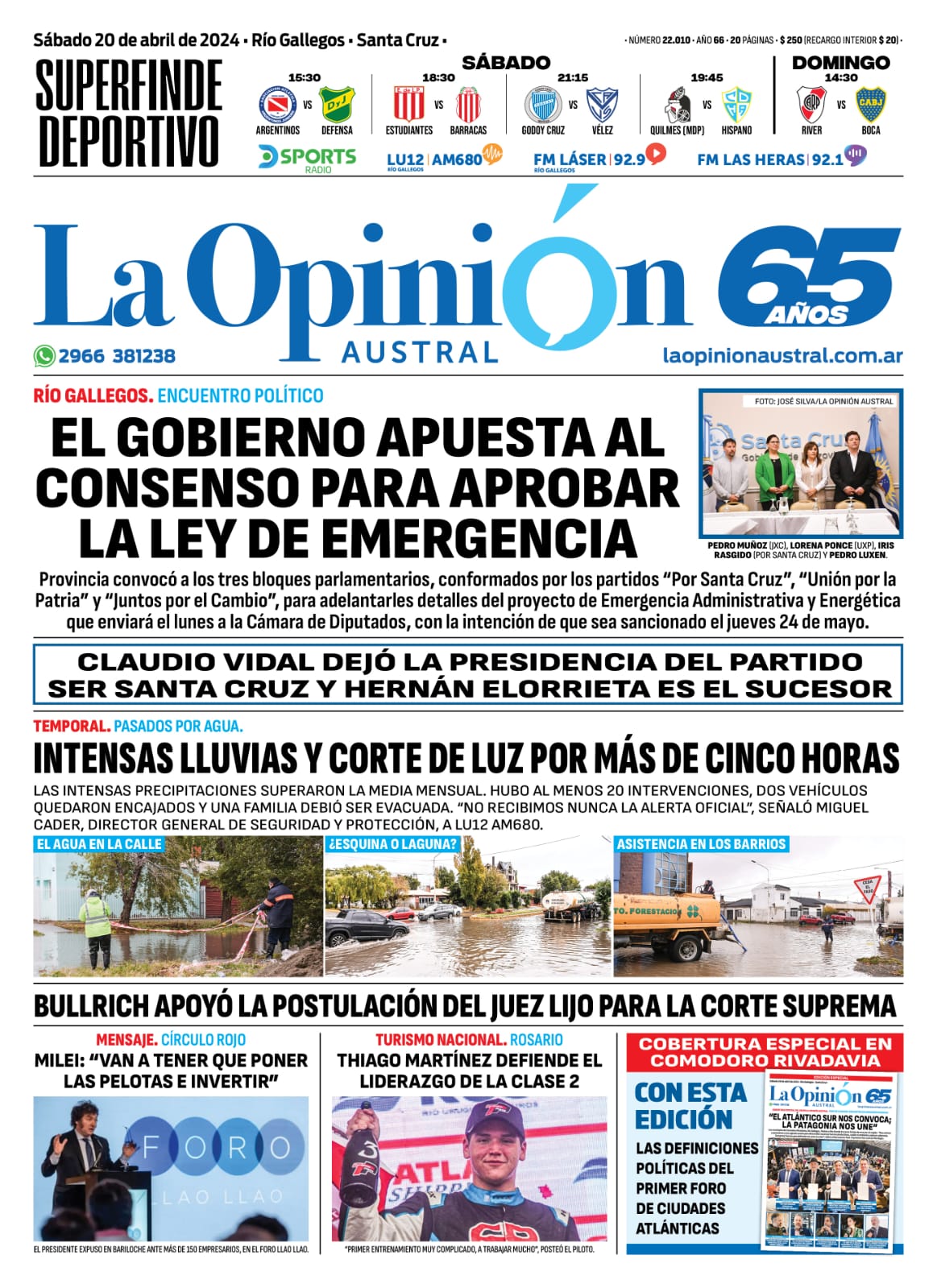 Diario La Opinión Austral tapa edición impresa del sábado 20 de abril de 2024, Río Gallegos, Santa Cruz, Argentina Diario La Opinión Austral tapa edición impresa del sábado 20 de abril de 2024, Río Gallegos, Santa Cruz, Argentina