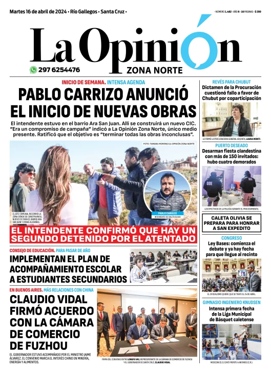 Diario La Opinión Zona Norte tapa edición impresa del martes 16 de abril de 2024, Caleta Olivia, Santa Cruz, Argentina