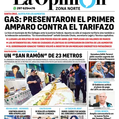 Diario La Opinión Zona Norte tapa edición impresa del martes 23 de abril de 2024, Caleta Olivia, Santa Cruz, Argentina