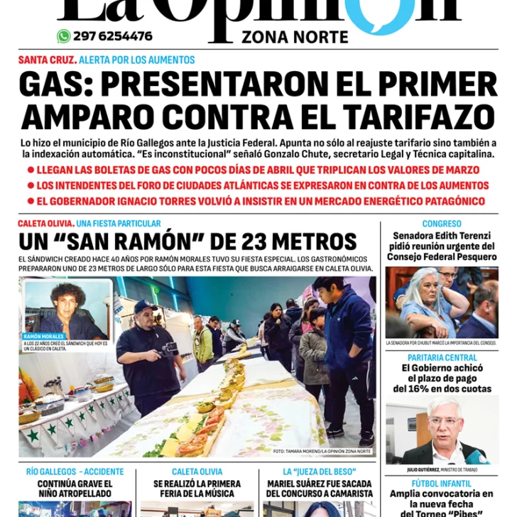 Diario La Opinión Zona Norte tapa edición impresa del martes 23 de abril de 2024, Caleta Olivia, Santa Cruz, Argentina Diario La Opinión Zona Norte tapa edición impresa del martes 23 de abril de 2024, Caleta Olivia, Santa Cruz, Argentina