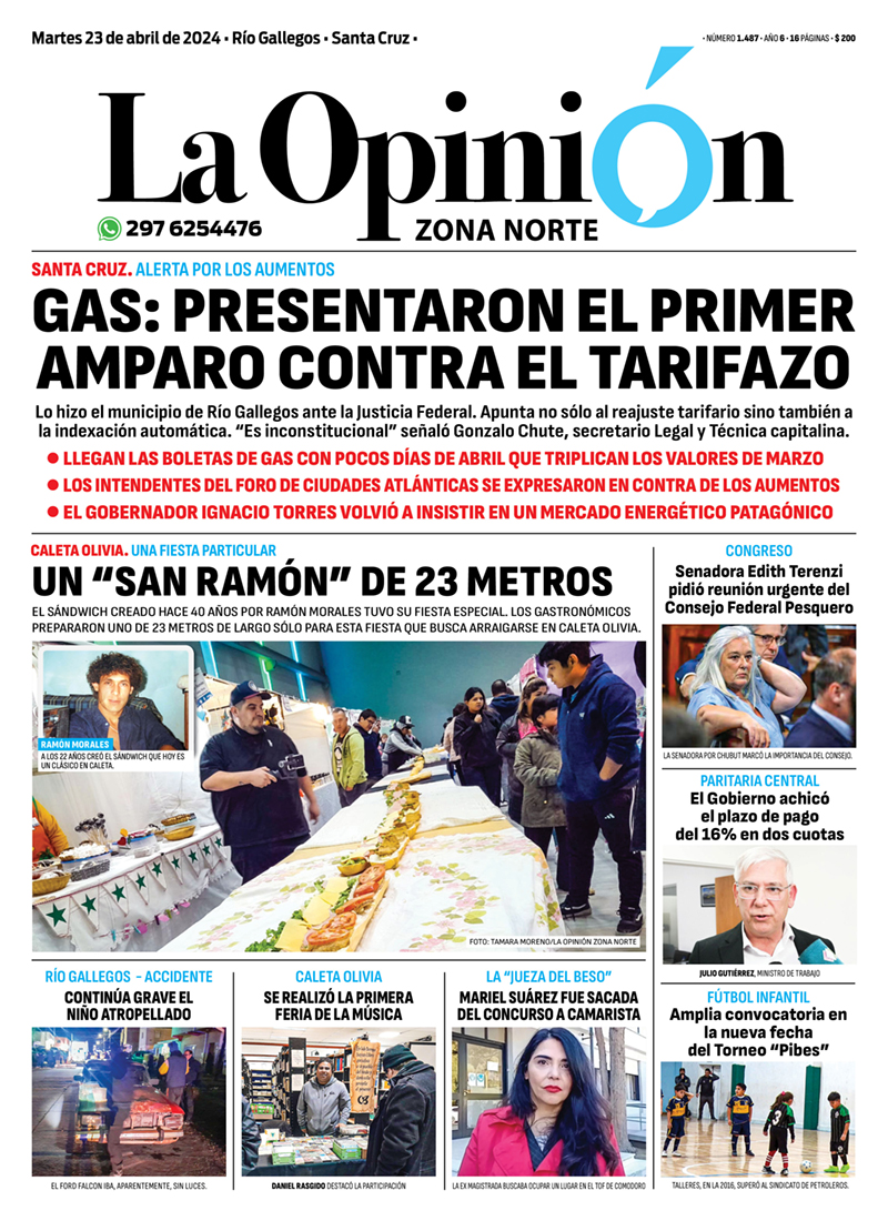 Diario La Opinión Zona Norte tapa edición impresa del martes 23 de abril de 2024, Caleta Olivia, Santa Cruz, Argentina Diario La Opinión Zona Norte tapa edición impresa del martes 23 de abril de 2024, Caleta Olivia, Santa Cruz, Argentina