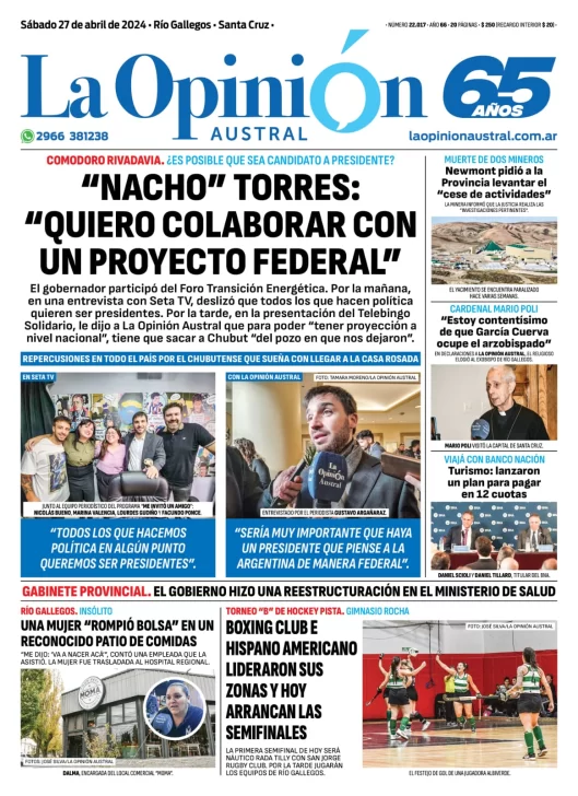 Diario La Opinión Austral tapa edición impresa del sábado 27 de abril de 2024, Río Gallegos, Santa Cruz, Argentina