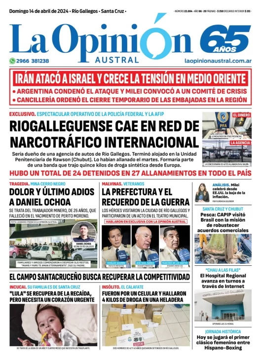 Diario La Opinión Austral tapa edición impresa del domingo 14 de abril de 2024, Río Gallegos, Santa Cruz, Argentina
