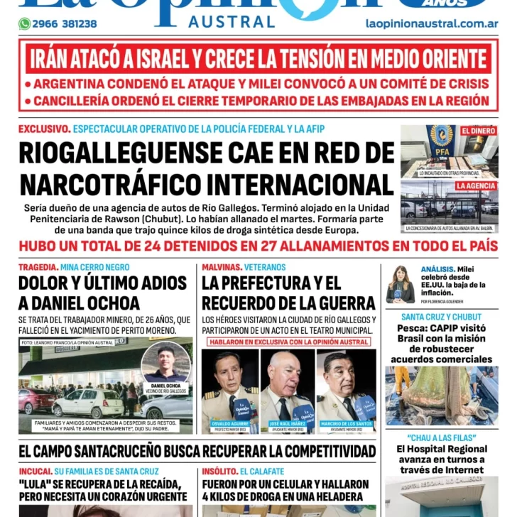 Diario La Opinión Austral tapa edición impresa del domingo 14 de abril de 2024, Río Gallegos, Santa Cruz, Argentina