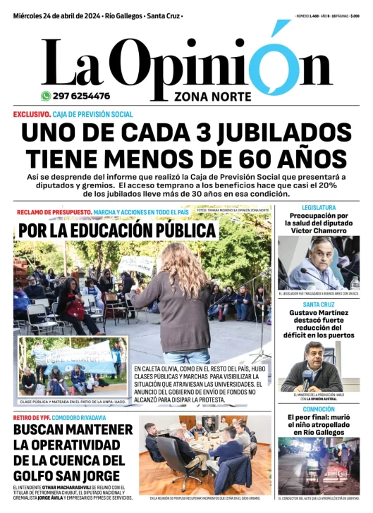Diario La Opinión Zona Norte tapa edición impresa del miércoles 24 de abril de 2024, Caleta Olivia, Santa Cruz, Argentina