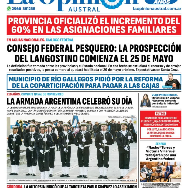 Diario La Opinión Austral tapa edición impresa del sábado 18 de mayo de 2024, Río Gallegos, Santa Cruz, Argentina