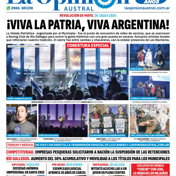 Diario La Opinión Austral tapa edición impresa del sábado 25 de mayo de 2024, Río Gallegos, Santa Cruz, Argentina