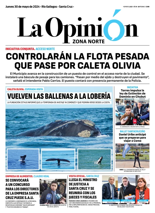 Diario La Opinión Zona Norte tapa edición impresa del jueves 30 de mayo de 2024, Caleta Olivia, Santa Cruz, Argentina