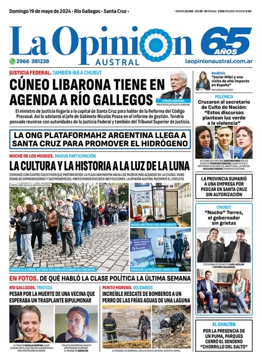 Diario La Opinión Austral tapa edición impresa del domingo 19 de mayo de 2024, Río Gallegos, Santa Cruz, Argentina