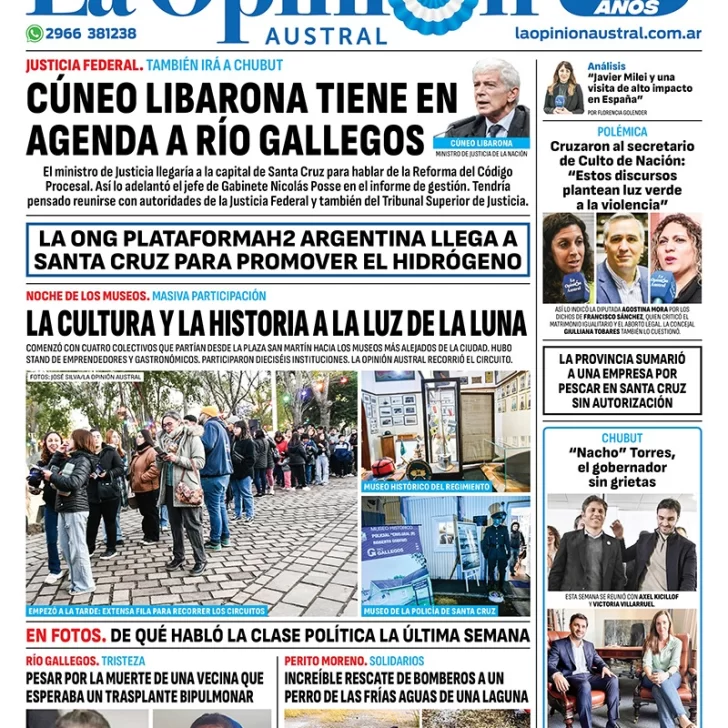 Diario La Opinión Austral tapa edición impresa del domingo 19 de mayo de 2024, Río Gallegos, Santa Cruz, Argentina