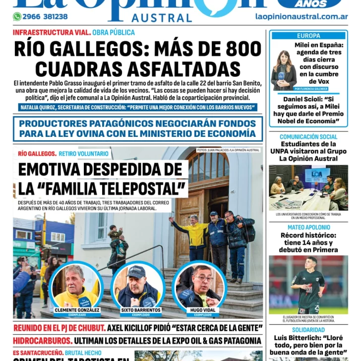 Diario La Opinión Austral tapa edición impresa del viernes 17 de mayo de 2024, Río Gallegos, Santa Cruz, Argentina