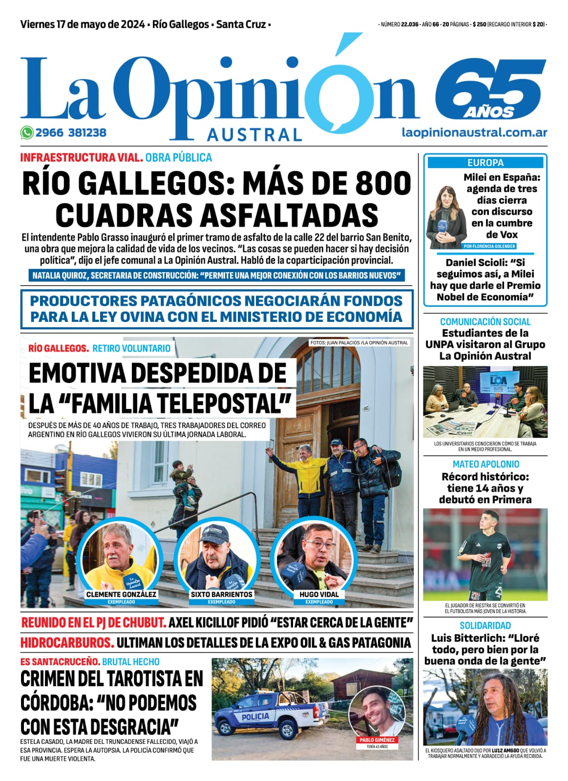 Diario La Opinión Austral tapa edición impresa del viernes 17 de mayo de 2024, Río Gallegos, Santa Cruz, Argentina