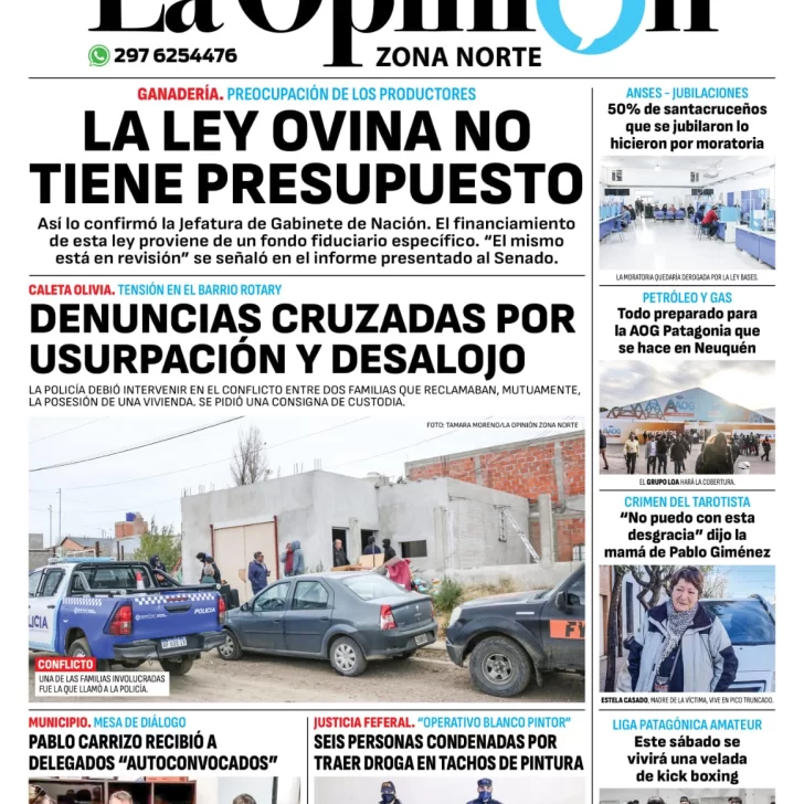 Diario La Opinión Zona Norte tapa edición impresa del viernes 17 de mayo de 2024, Caleta Olivia, Santa Cruz, Argentina