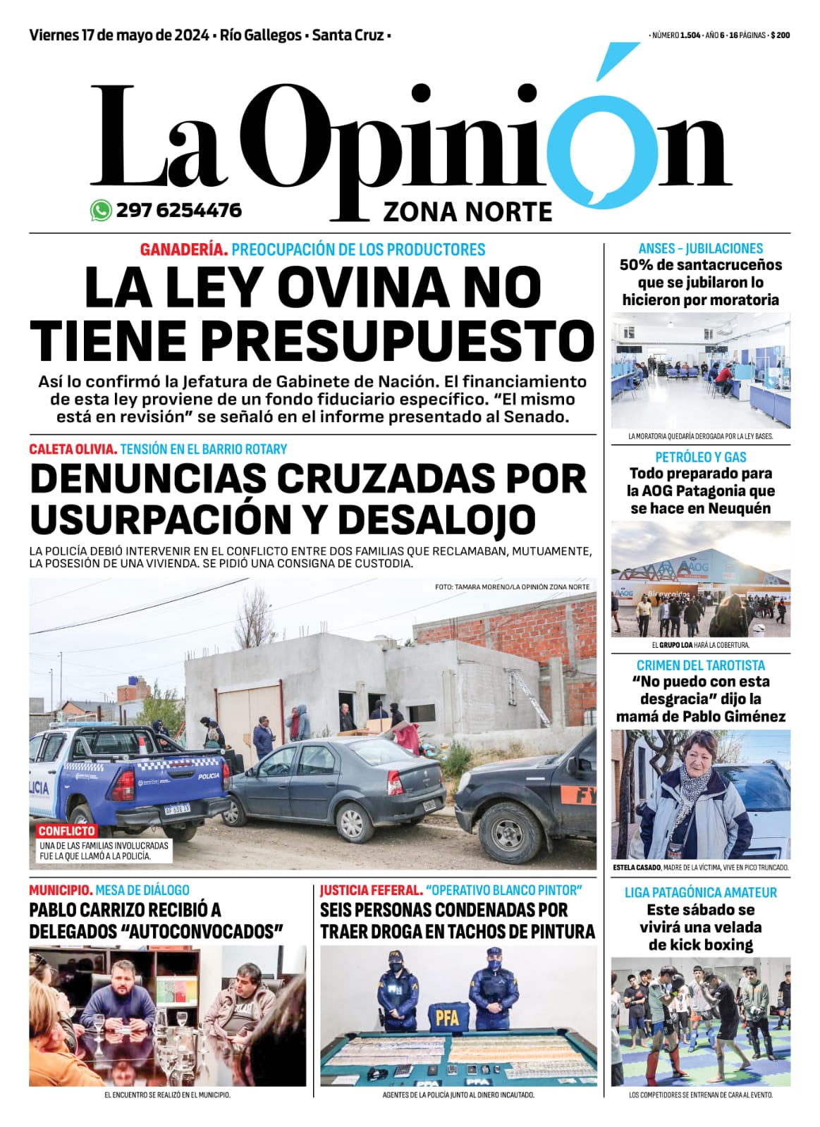 Diario La Opinión Zona Norte tapa edición impresa del viernes 17 de mayo de 2024, Caleta Olivia, Santa Cruz, Argentina