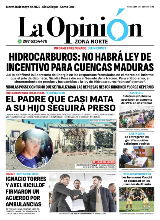 Diario La Opinión Zona Norte tapa edición impresa del jueves 16 de mayo de 2024, Caleta Olivia, Santa Cruz, Argentina