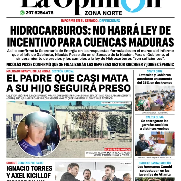 Diario La Opinión Zona Norte tapa edición impresa del jueves 16 de mayo de 2024, Caleta Olivia, Santa Cruz, Argentina