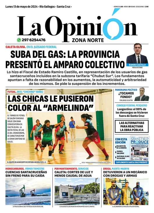 Diario La Opinión Zona Norte tapa edición impresa del lunes 13 de mayo de 2024, Caleta Olivia, Santa Cruz, Argentina