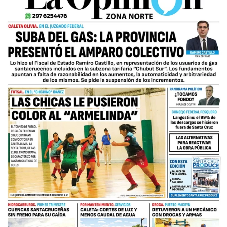 Diario La Opinión Zona Norte tapa edición impresa del lunes 13 de mayo de 2024, Caleta Olivia, Santa Cruz, Argentina