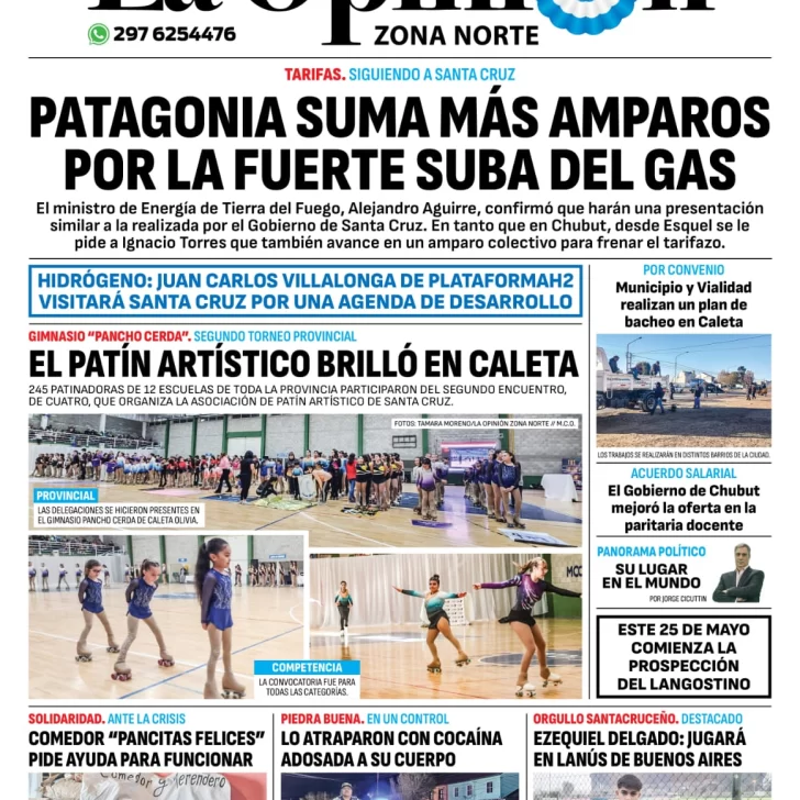 Diario La Opinión Zona Norte tapa edición impresa del lunes 20 de mayo de 2024, Caleta Olivia, Santa Cruz, Argentina