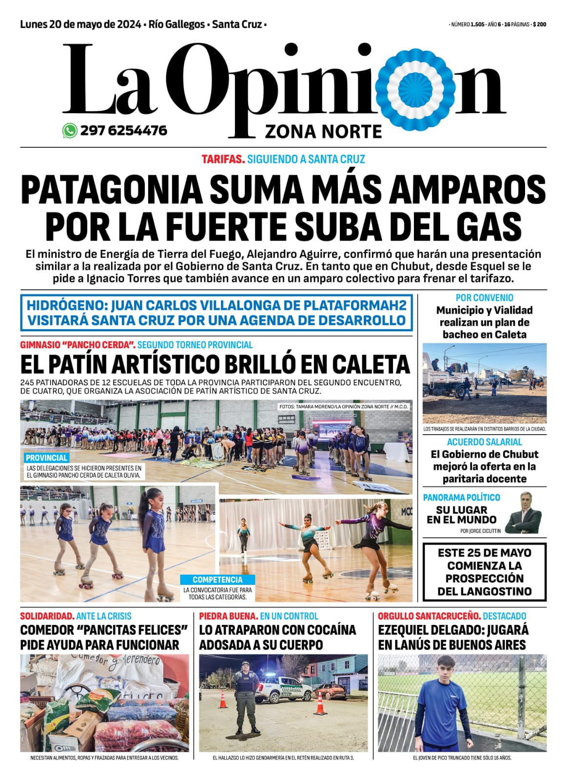 Diario La Opinión Zona Norte tapa edición impresa del lunes 20 de mayo de 2024, Caleta Olivia, Santa Cruz, Argentina