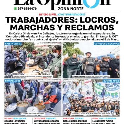 Diario La Opinión Zona Norte tapa edición impresa del jueves 2 de mayo de 2024, Caleta Olivia, Santa Cruz, Argentina