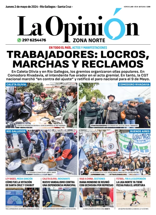 Diario La Opinión Zona Norte tapa edición impresa del jueves 2 de mayo de 2024, Caleta Olivia, Santa Cruz, Argentina