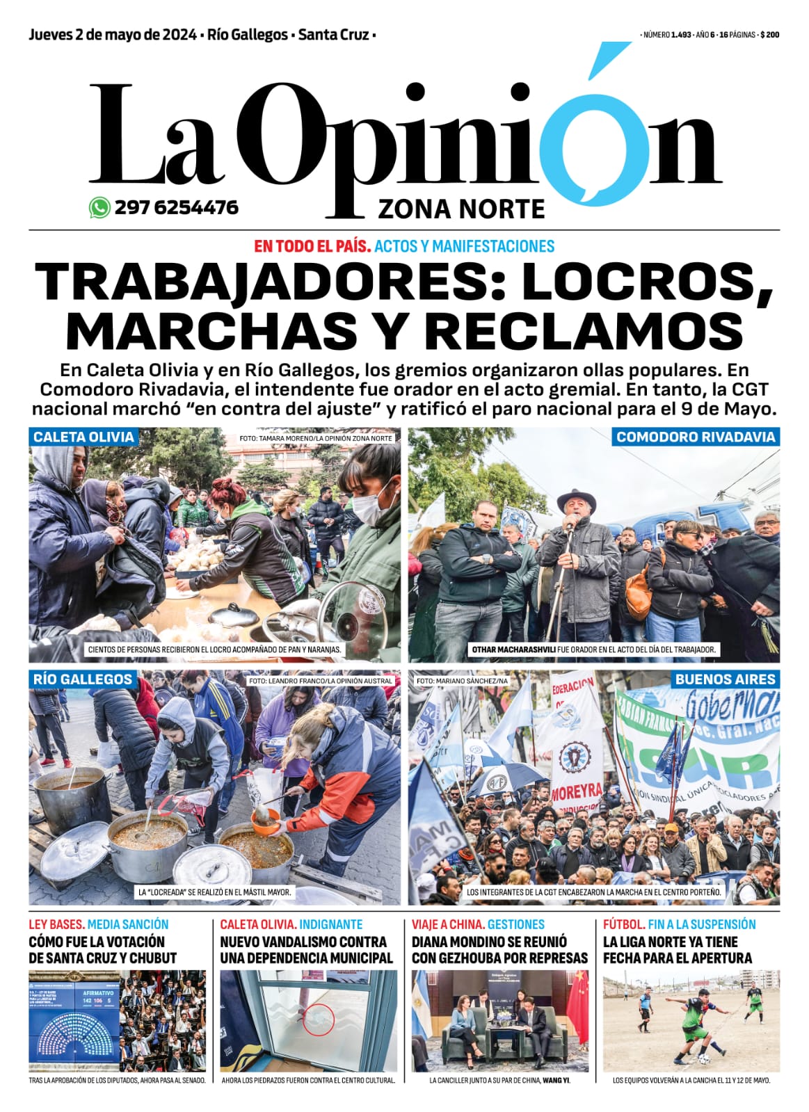 Diario La Opinión Zona Norte tapa edición impresa del jueves 2 de mayo de 2024, Caleta Olivia, Santa Cruz, Argentina Diario La Opinión Zona Norte tapa edición impresa del jueves 2 de mayo de 2024, Caleta Olivia, Santa Cruz, Argentina