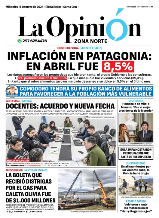 Diario La Opinión Zona Norte tapa edición impresa del miércoles 15 de mayo de 2024, Caleta Olivia, Santa Cruz, Argentina