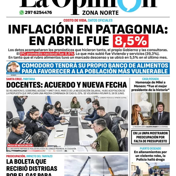 Diario La Opinión Zona Norte tapa edición impresa del miércoles 15 de mayo de 2024, Caleta Olivia, Santa Cruz, Argentina