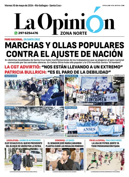 Diario La Opinión Zona Norte tapa edición impresa del viernes 10 de mayo de 2024, Caleta Olivia, Santa Cruz, Argentina