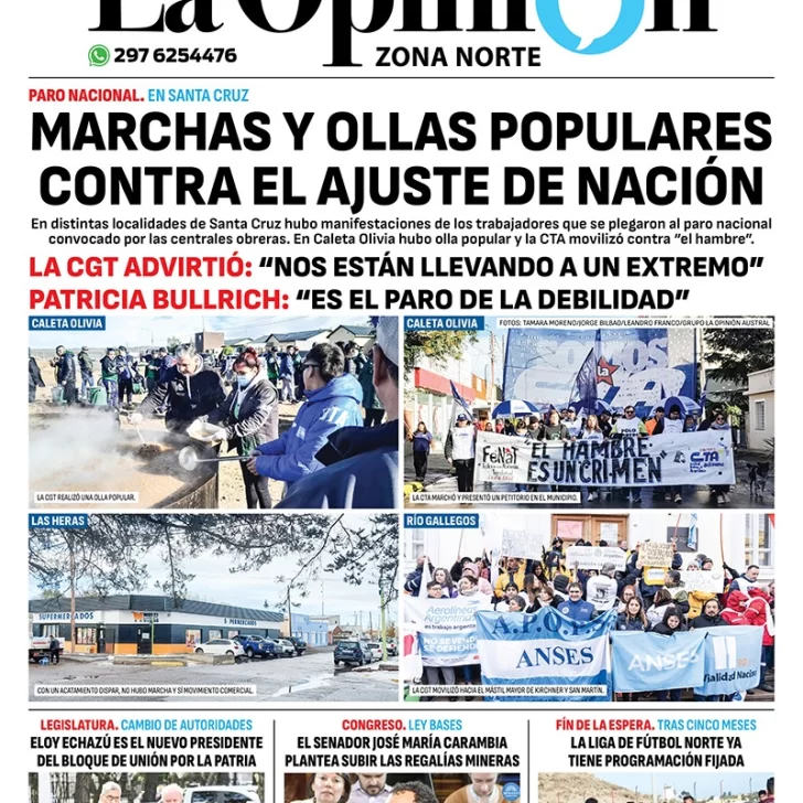 Diario La Opinión Zona Norte tapa edición impresa del viernes 10 de mayo de 2024, Caleta Olivia, Santa Cruz, Argentina Diario La Opinión Zona Norte tapa edición impresa del viernes 10 de mayo de 2024, Caleta Olivia, Santa Cruz, Argentina