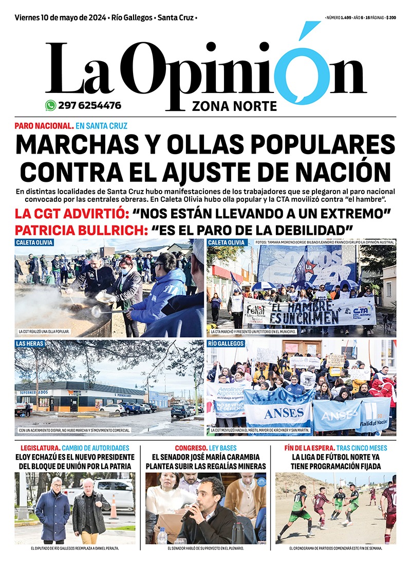 Diario La Opinión Zona Norte tapa edición impresa del viernes 10 de mayo de 2024, Caleta Olivia, Santa Cruz, Argentina Diario La Opinión Zona Norte tapa edición impresa del viernes 10 de mayo de 2024, Caleta Olivia, Santa Cruz, Argentina