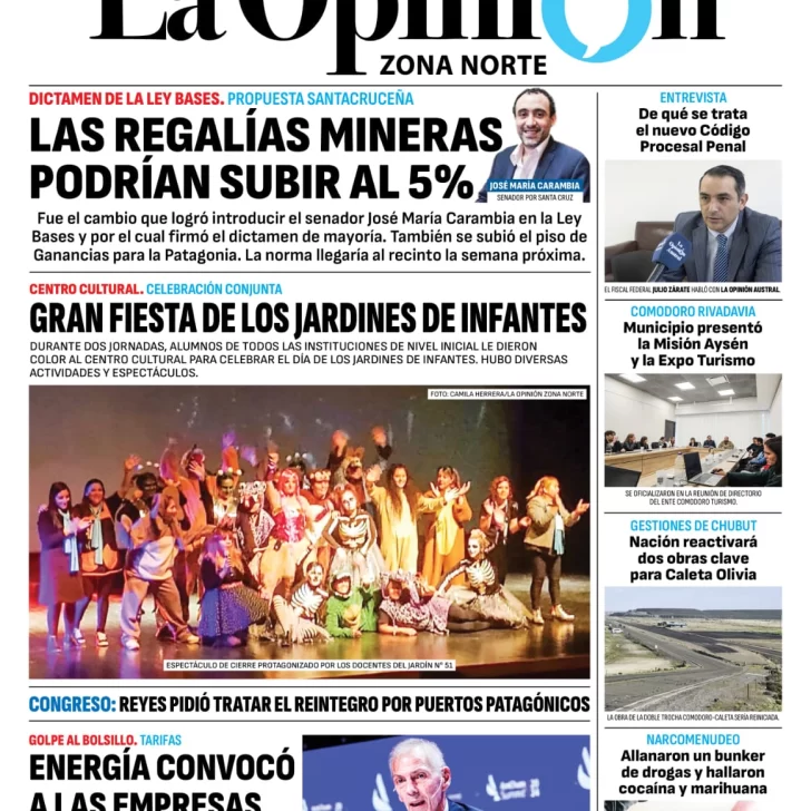 Diario La Opinión Zona Norte tapa edición impresa del viernes 31 de mayo de 2024, Caleta Olivia, Santa Cruz, Argentina