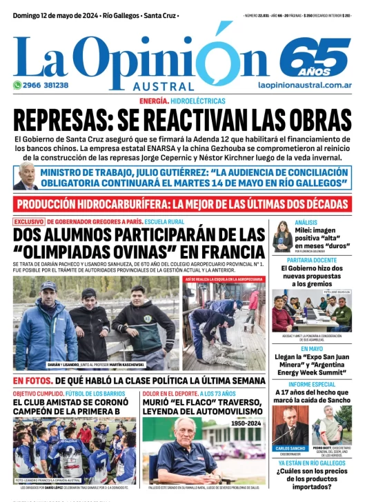 Diario La Opinión Austral tapa edición impresa del domingo 12 de mayo de 2024, Río Gallegos, Santa Cruz, Argentina