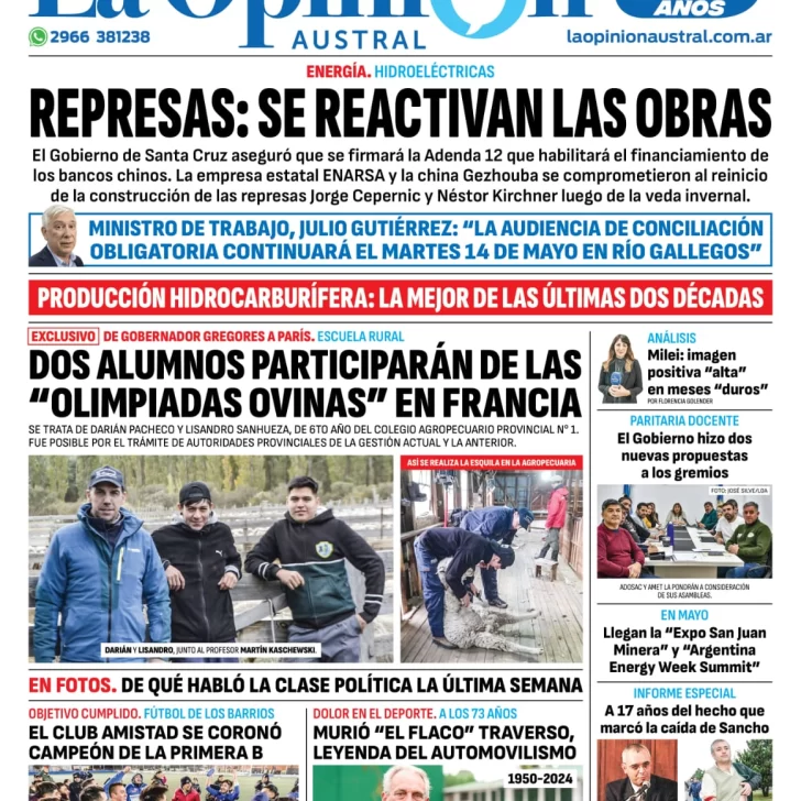 Diario La Opinión Austral tapa edición impresa del domingo 12 de mayo de 2024, Río Gallegos, Santa Cruz, Argentina