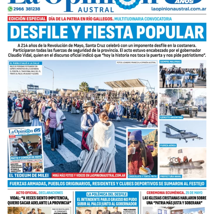 Diario La Opinión Austral tapa edición impresa del domingo 26 de mayo de 2024, Río Gallegos, Santa Cruz, Argentina