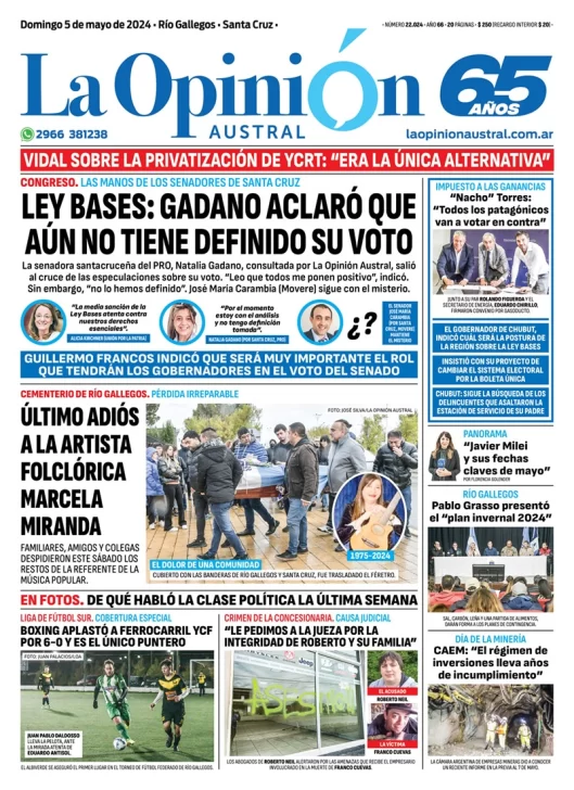 Diario La Opinión Austral tapa edición impresa del domingo 5 de mayo de 2024, Río Gallegos, Santa Cruz, Argentina
