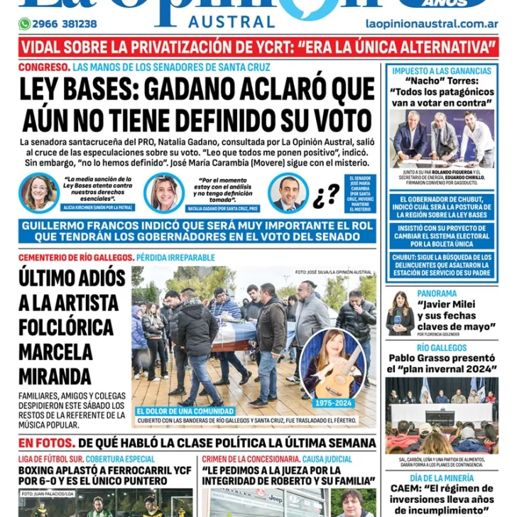Diario La Opinión Austral tapa edición impresa del domingo 5 de mayo de 2024, Río Gallegos, Santa Cruz, Argentina Diario La Opinión Austral tapa edición impresa del domingo 5 de mayo de 2024, Río Gallegos, Santa Cruz, Argentina