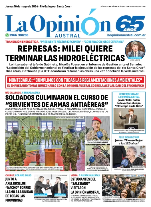 Diario La Opinión Austral tapa edición impresa del jueves 16 de mayo de 2024, Río Gallegos, Santa Cruz, Argentina