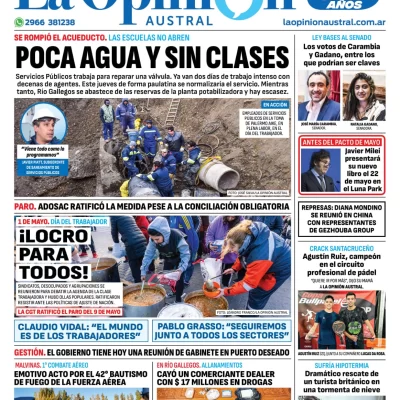 Diario La Opinión Austral tapa edición impresa del jueves 2 de mayo de 2024, Río Gallegos, Santa Cruz, Argentina