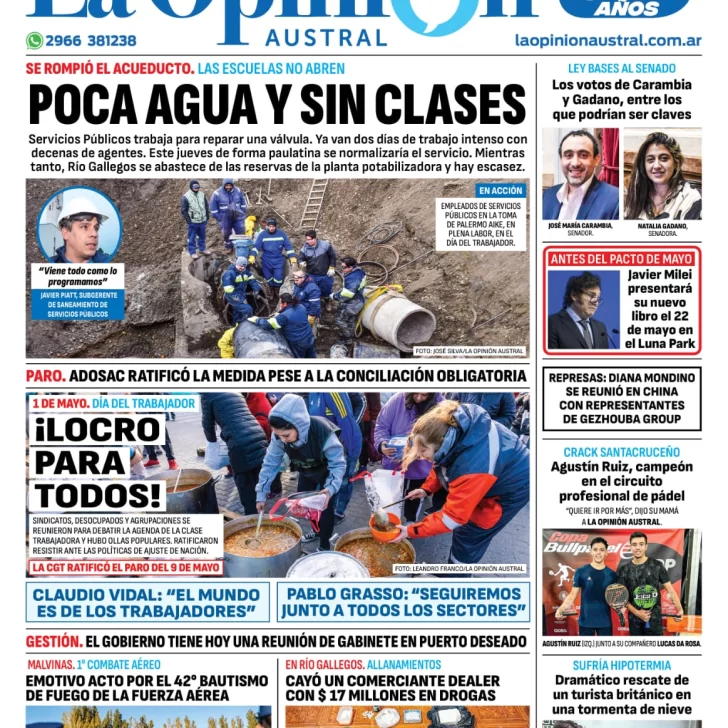 Diario La Opinión Austral tapa edición impresa del jueves 2 de mayo de 2024, Río Gallegos, Santa Cruz, Argentina Diario La Opinión Austral tapa edición impresa del jueves 2 de mayo de 2024, Río Gallegos, Santa Cruz, Argentina