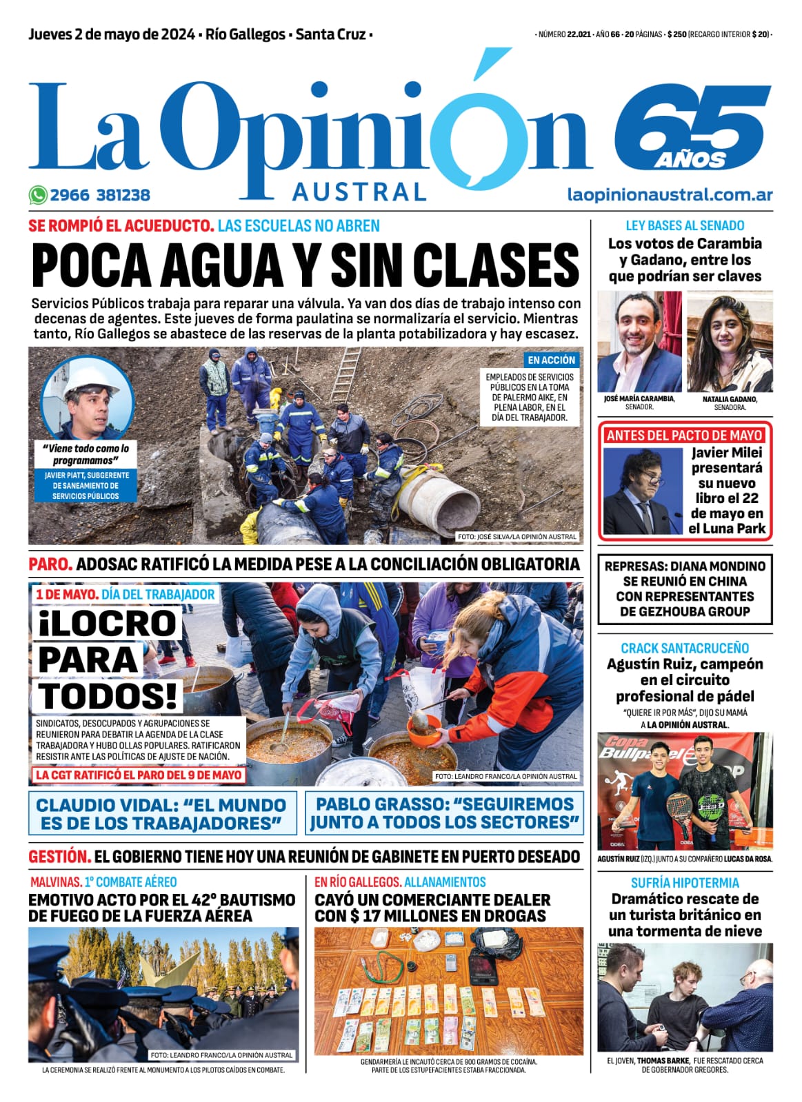 Diario La Opinión Austral tapa edición impresa del jueves 2 de mayo de 2024, Río Gallegos, Santa Cruz, Argentina Diario La Opinión Austral tapa edición impresa del jueves 2 de mayo de 2024, Río Gallegos, Santa Cruz, Argentina